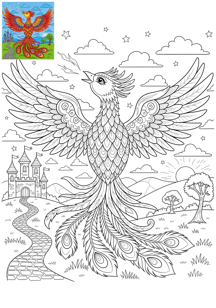 advanced animals Legendary Creature phoenix kids coloring page 0