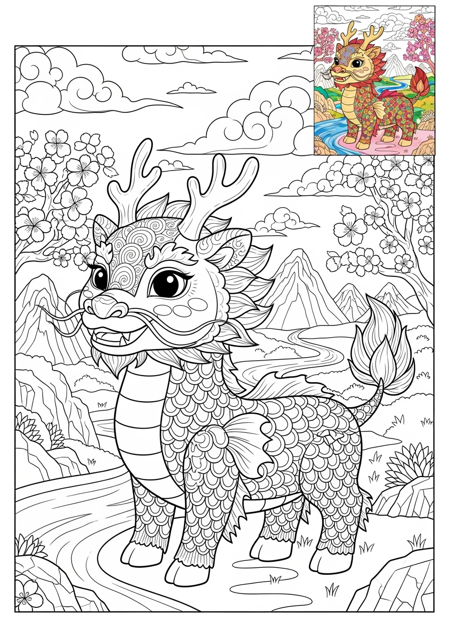 advanced animals Legendary Creature qilin kids coloring page 0