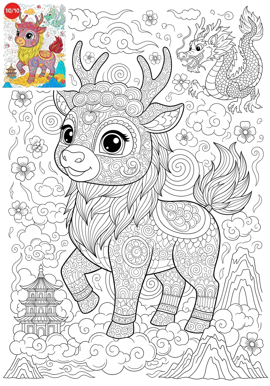 advanced animals Legendary Creature qilin kids coloring page 1