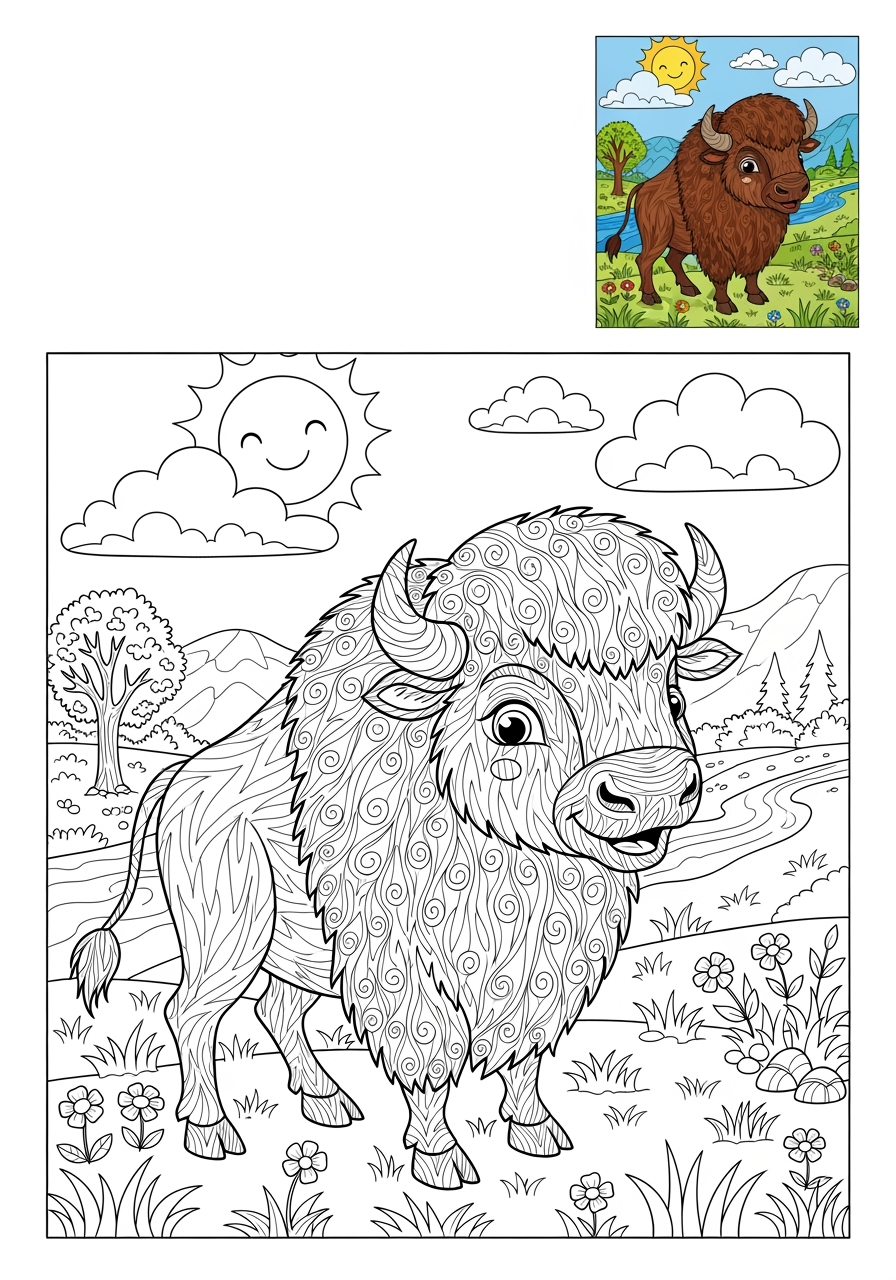 advanced animals Zoo & Safari Favorites bison kids coloring page 1