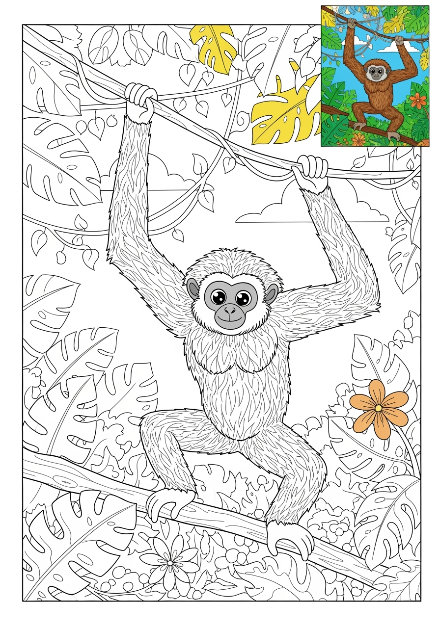 advanced animals Zoo & Safari Favorites gibbon kids coloring page 1