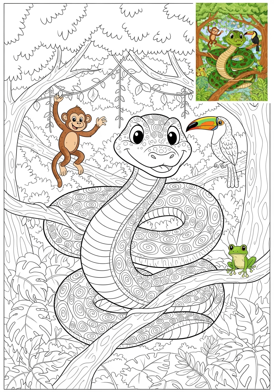 advanced animals Rainforest & Jungle anaconda kids coloring page 0