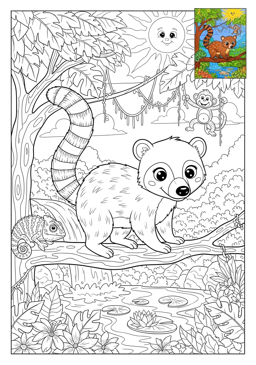 advanced animals Rainforest & Jungle coati kids coloring page 0