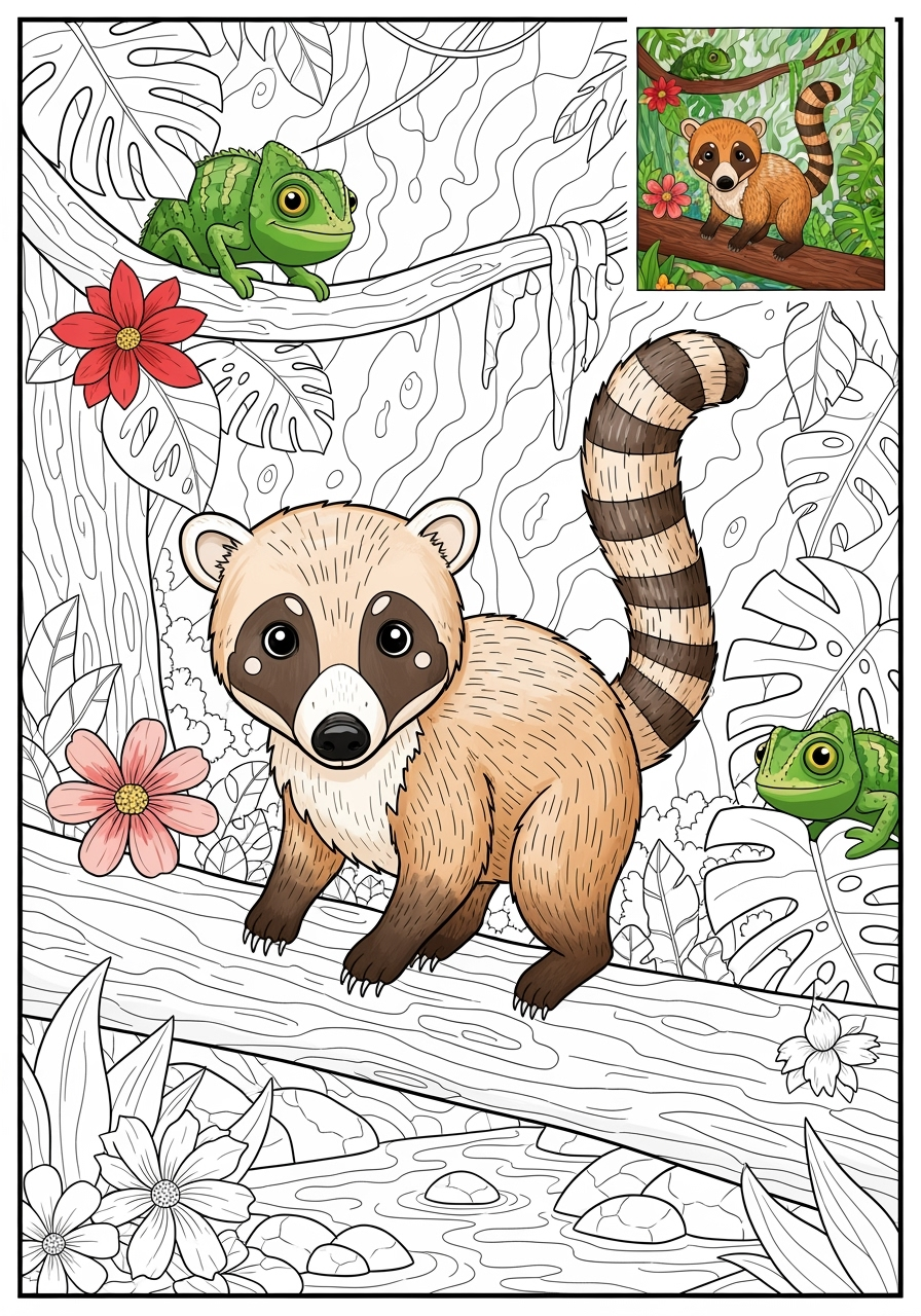 advanced animals Rainforest & Jungle coati kids coloring page 1