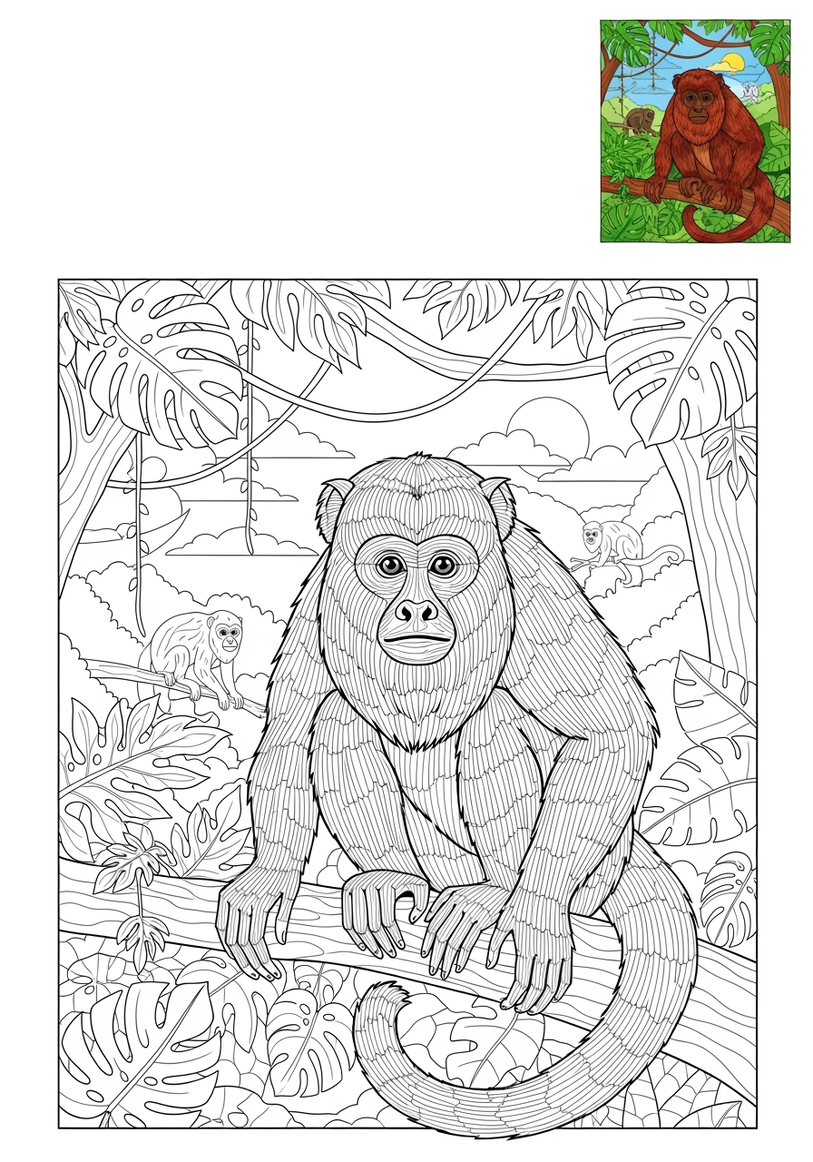 advanced animals Rainforest & Jungle howler monkey kids coloring page 0