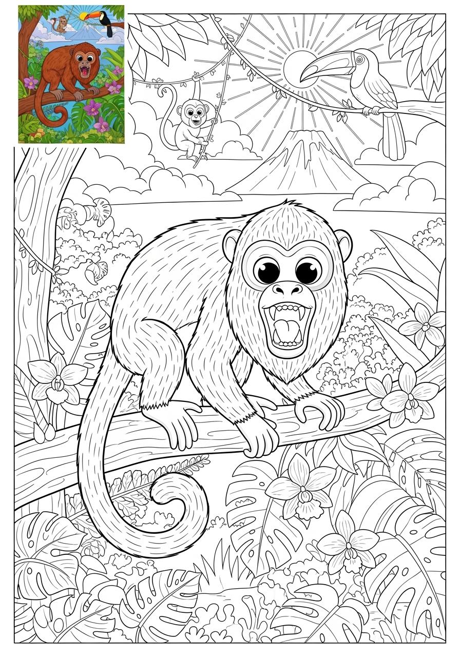 advanced animals Rainforest & Jungle howler monkey kids coloring page 1