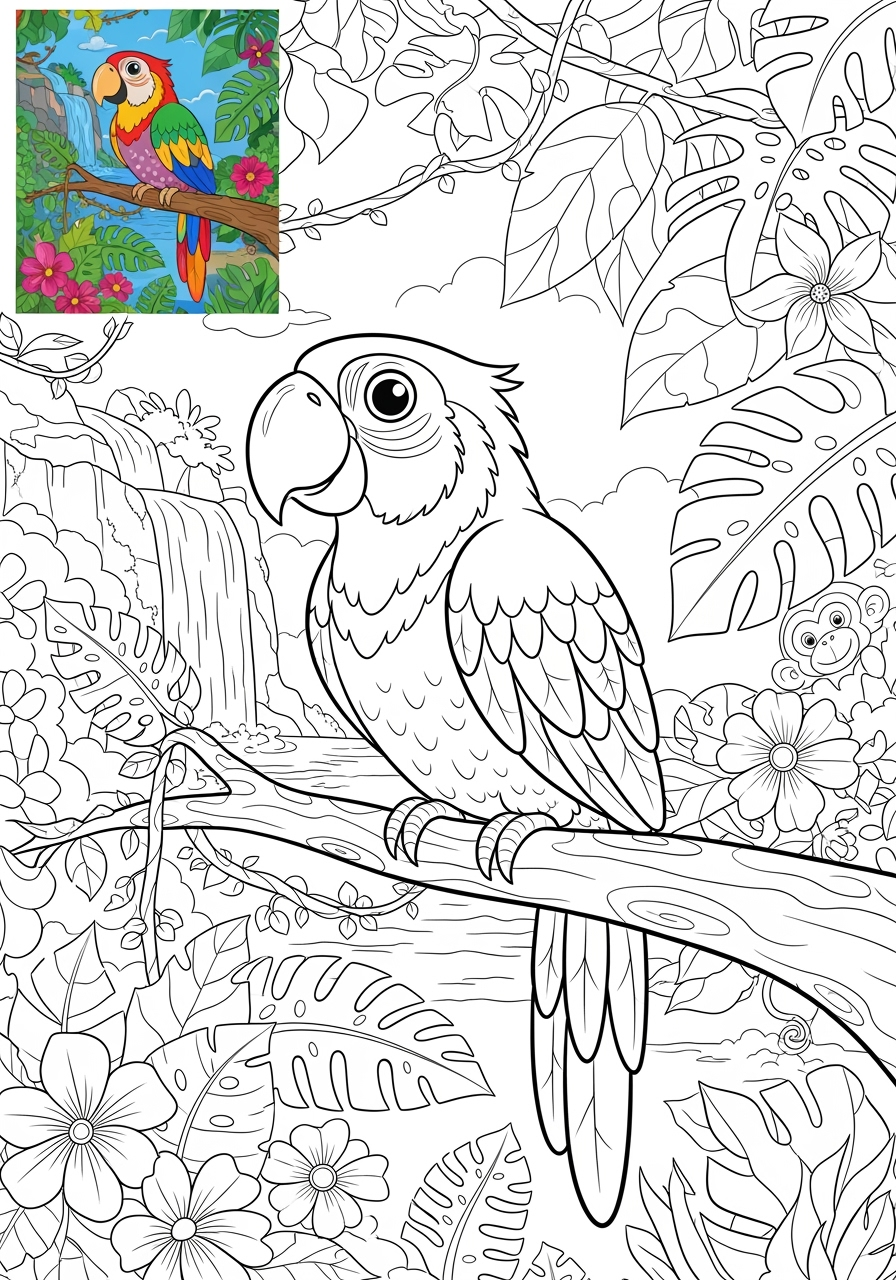 advanced animals Rainforest & Jungle macaw kids coloring page 1
