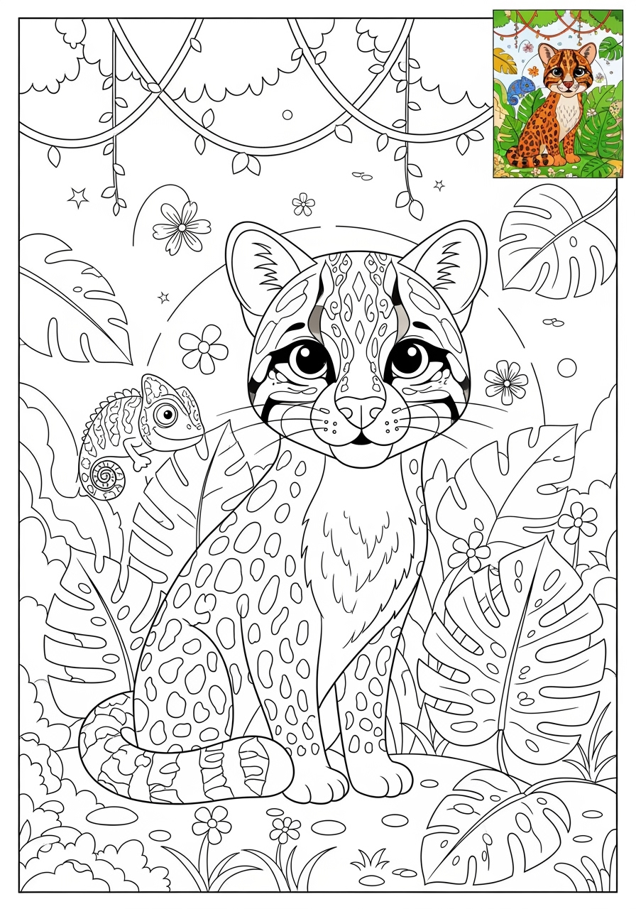 advanced animals Rainforest & Jungle ocelot kids coloring page 1
