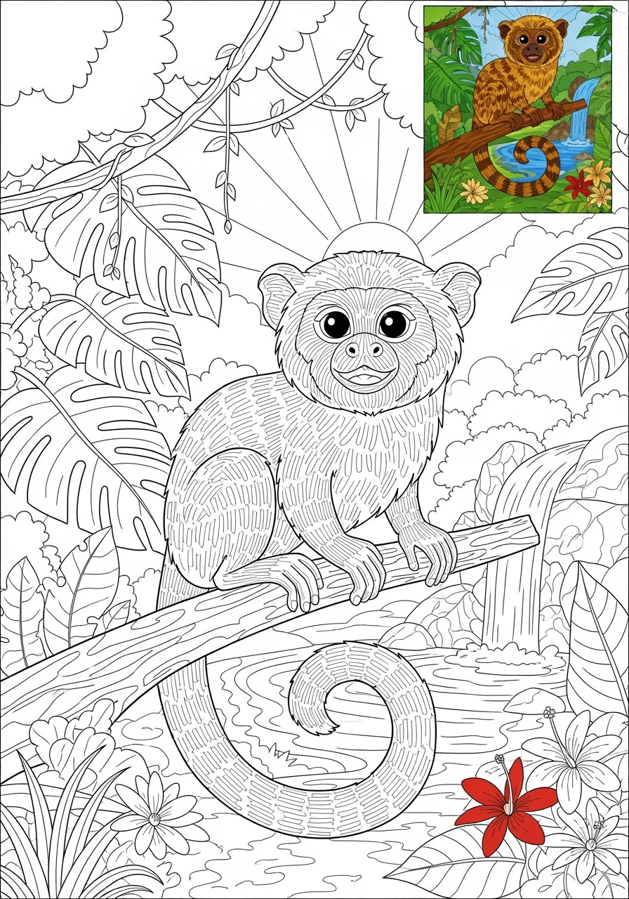advanced animals Rainforest & Jungle tamarin kids coloring page 1