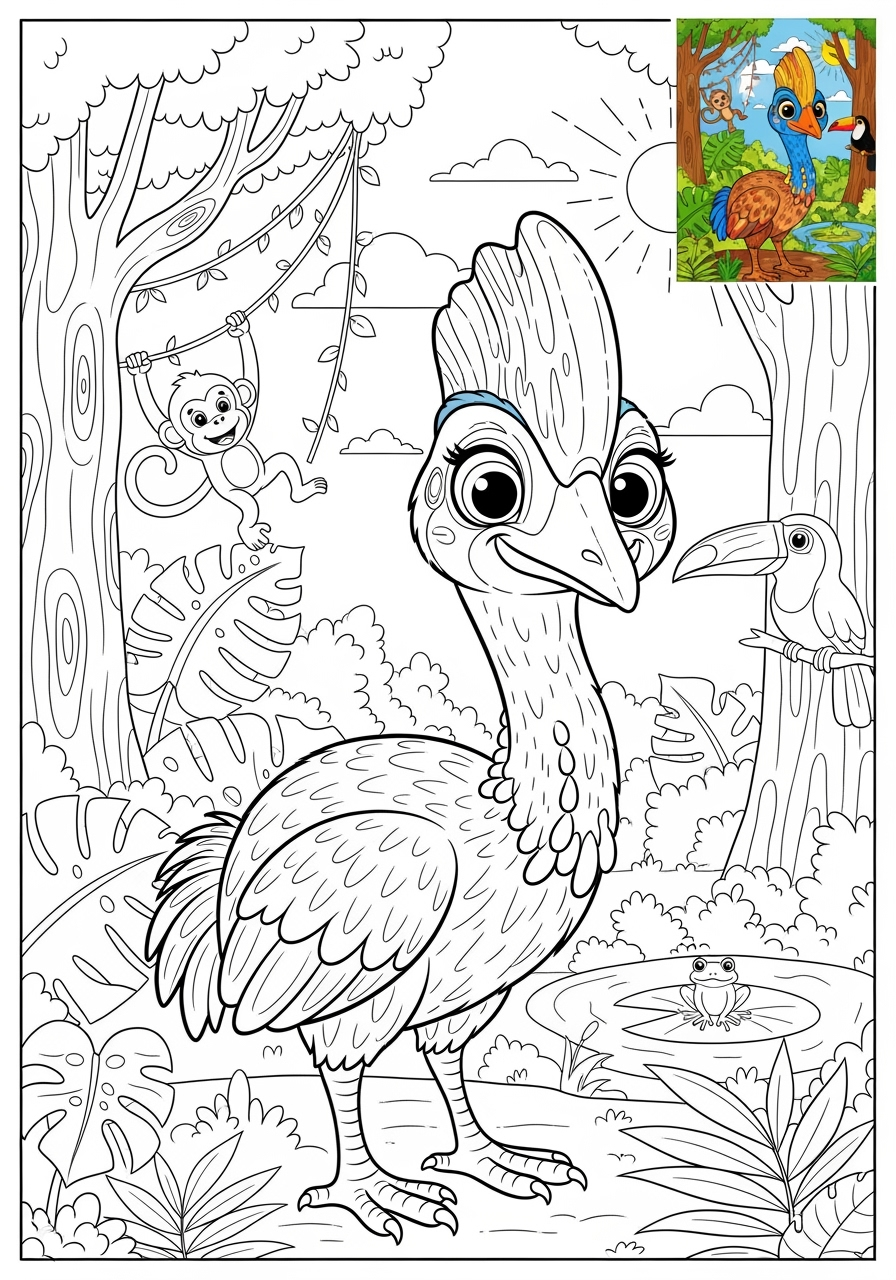 advanced animals Australian & Unique cassowary kids coloring page 0