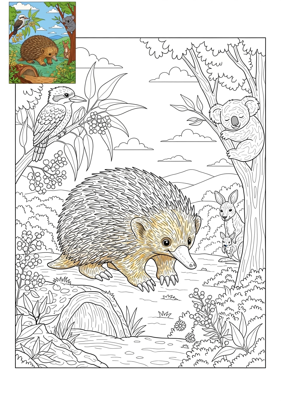 advanced animals Australian & Unique echidna kids coloring page 0