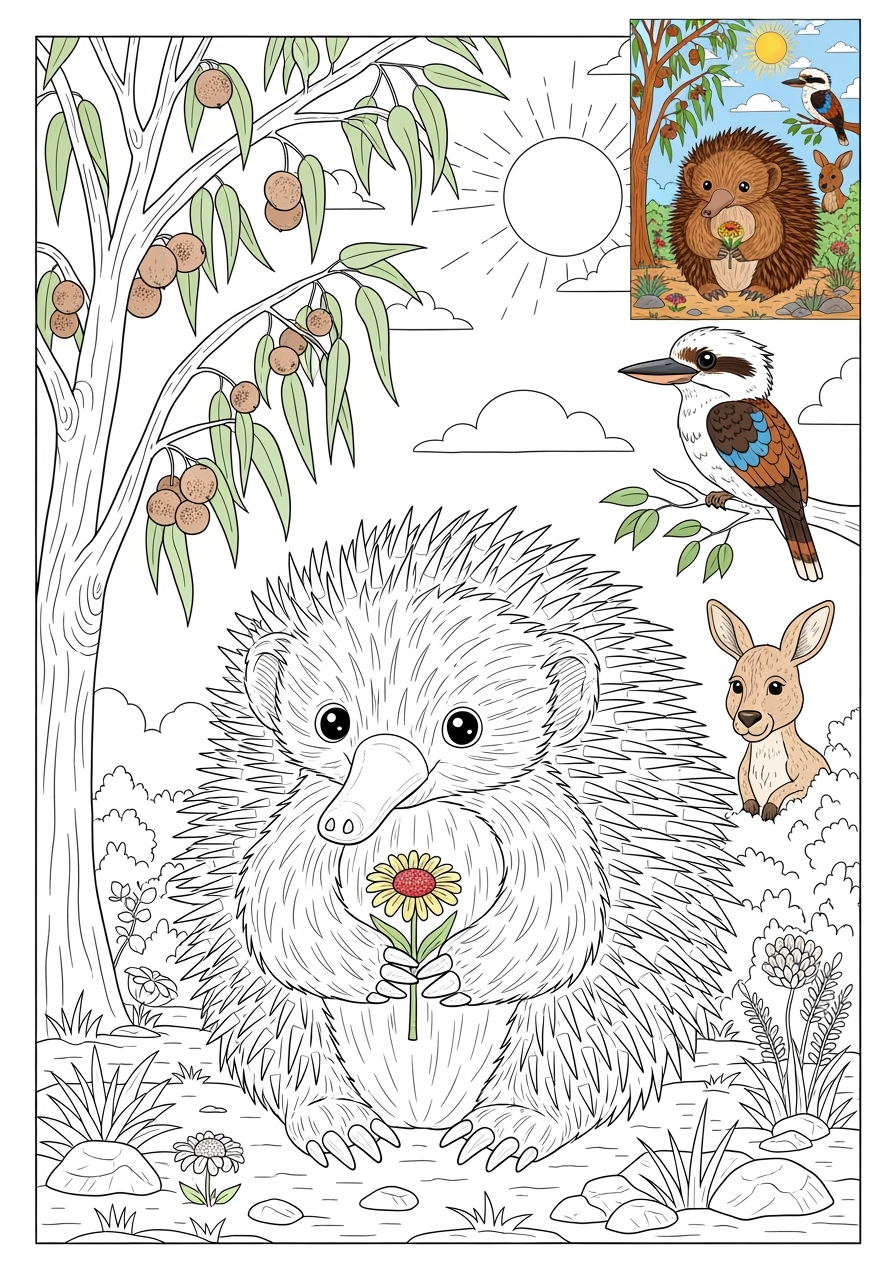 advanced animals Australian & Unique echidna kids coloring page 1