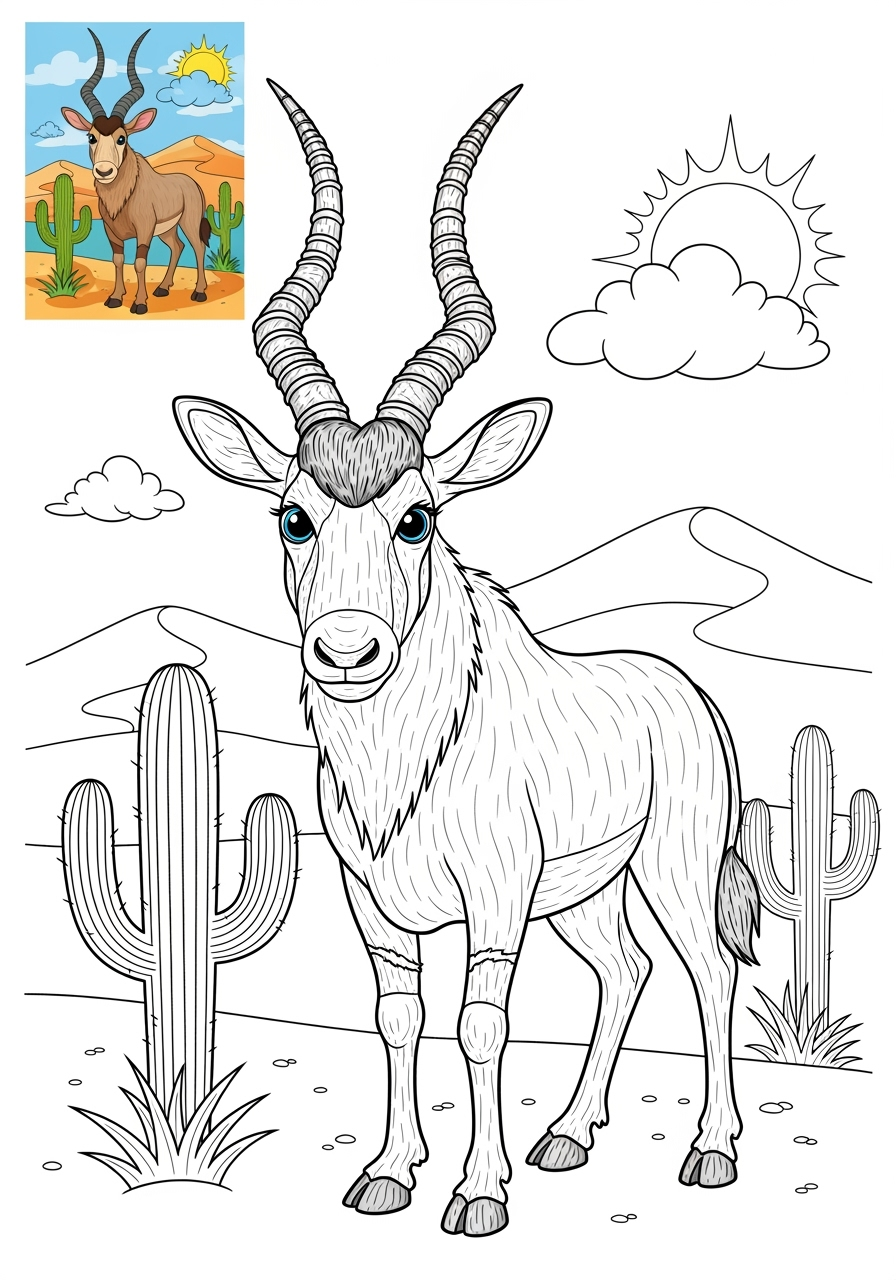 advanced animals Desert & Mountain addax kids coloring page 0