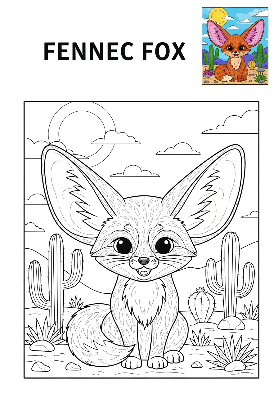 advanced animals Desert & Mountain fennec fox kids coloring page 0