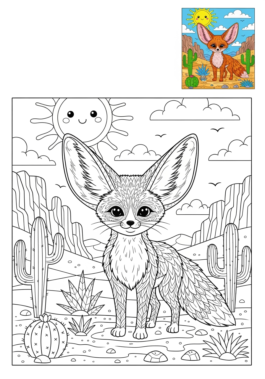 advanced animals Desert & Mountain fennec fox kids coloring page 1