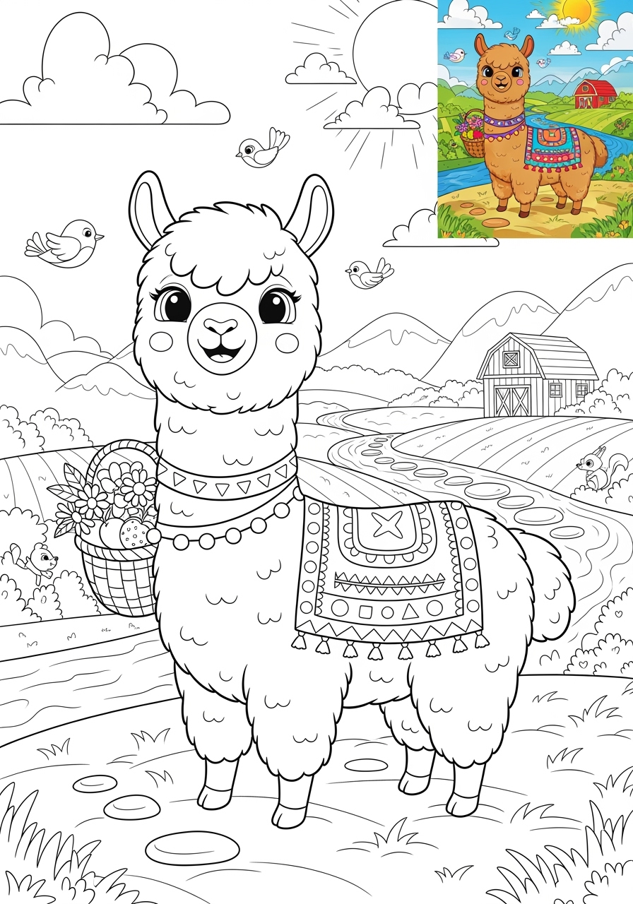 advanced animals Farmyard Friends alpaca kids coloring page 0