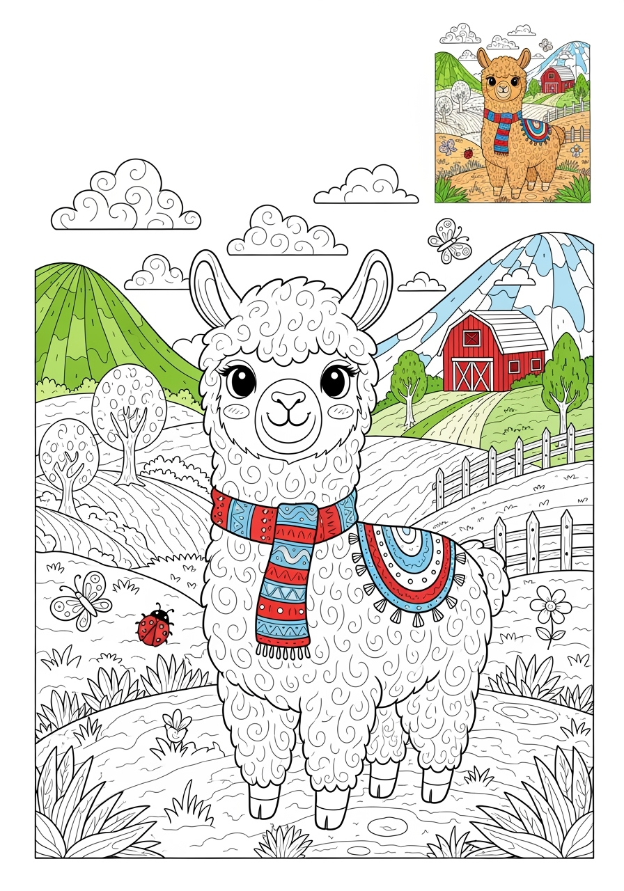 advanced animals Farmyard Friends alpaca kids coloring page 1