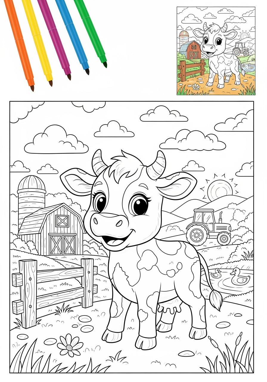 advanced animals Farmyard Friends calf kids coloring page 0
