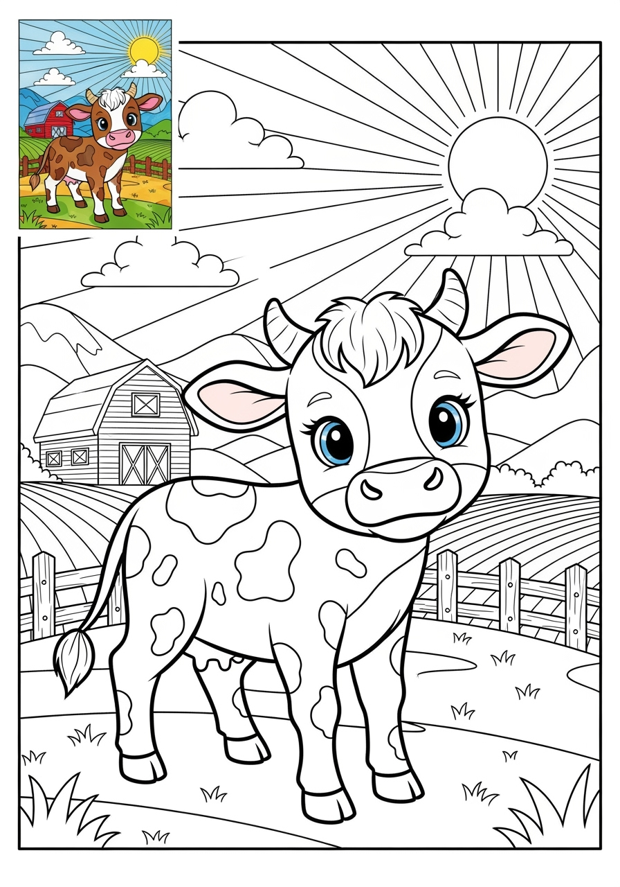 advanced animals Farmyard Friends calf kids coloring page 1