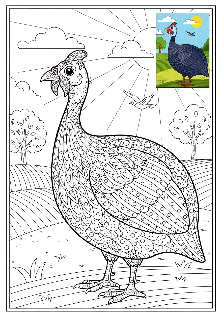 advanced animals Farmyard Friends guinea fowl kids coloring page 0