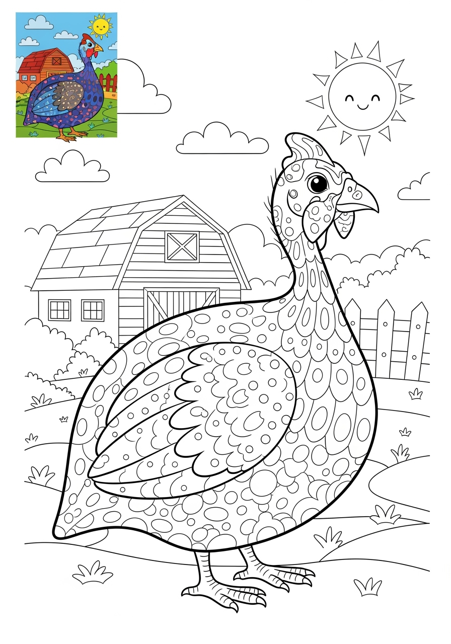 advanced animals Farmyard Friends guinea fowl kids coloring page 1