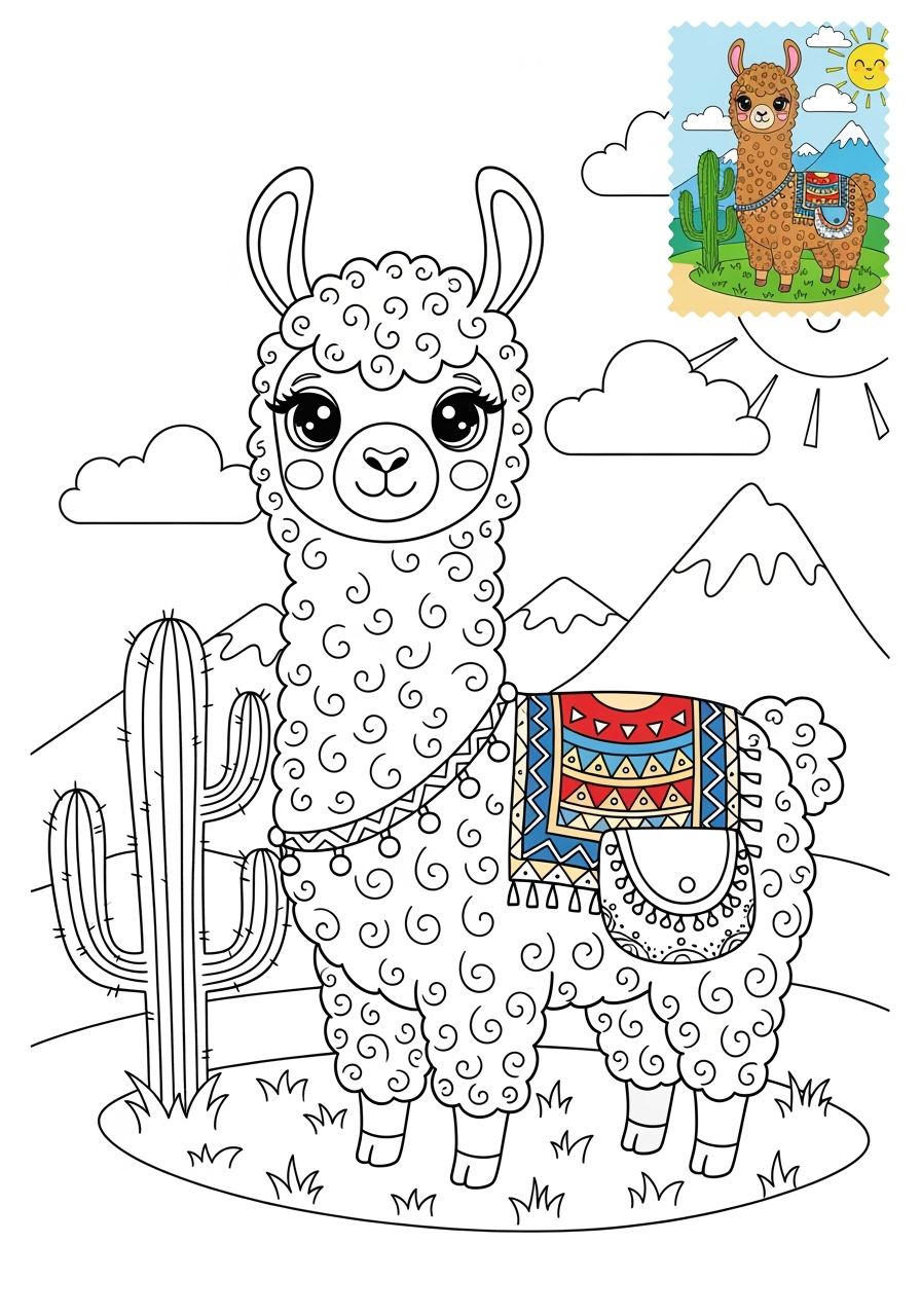 advanced animals Farmyard Friends llama kids coloring page 1