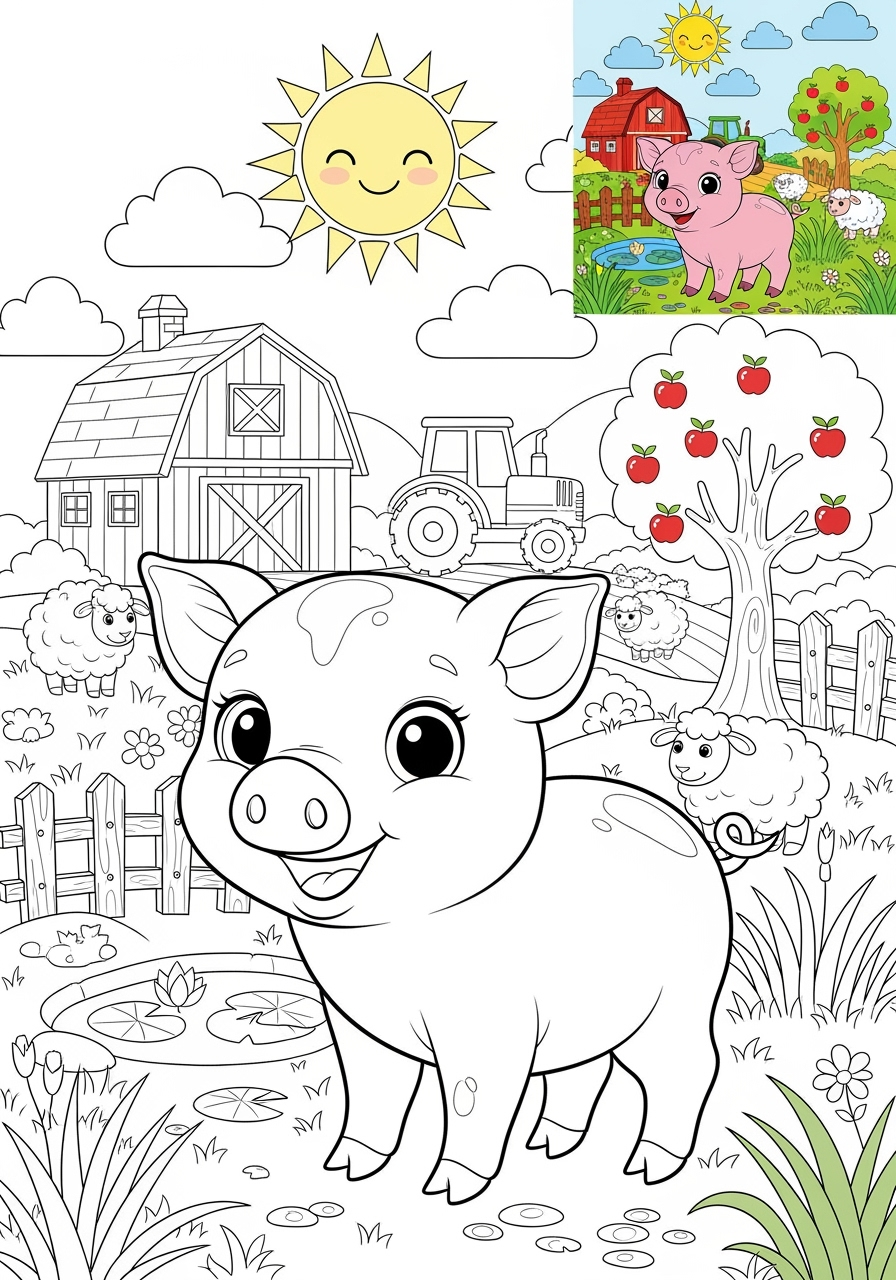advanced animals Farmyard Friends piglet kids coloring page 1