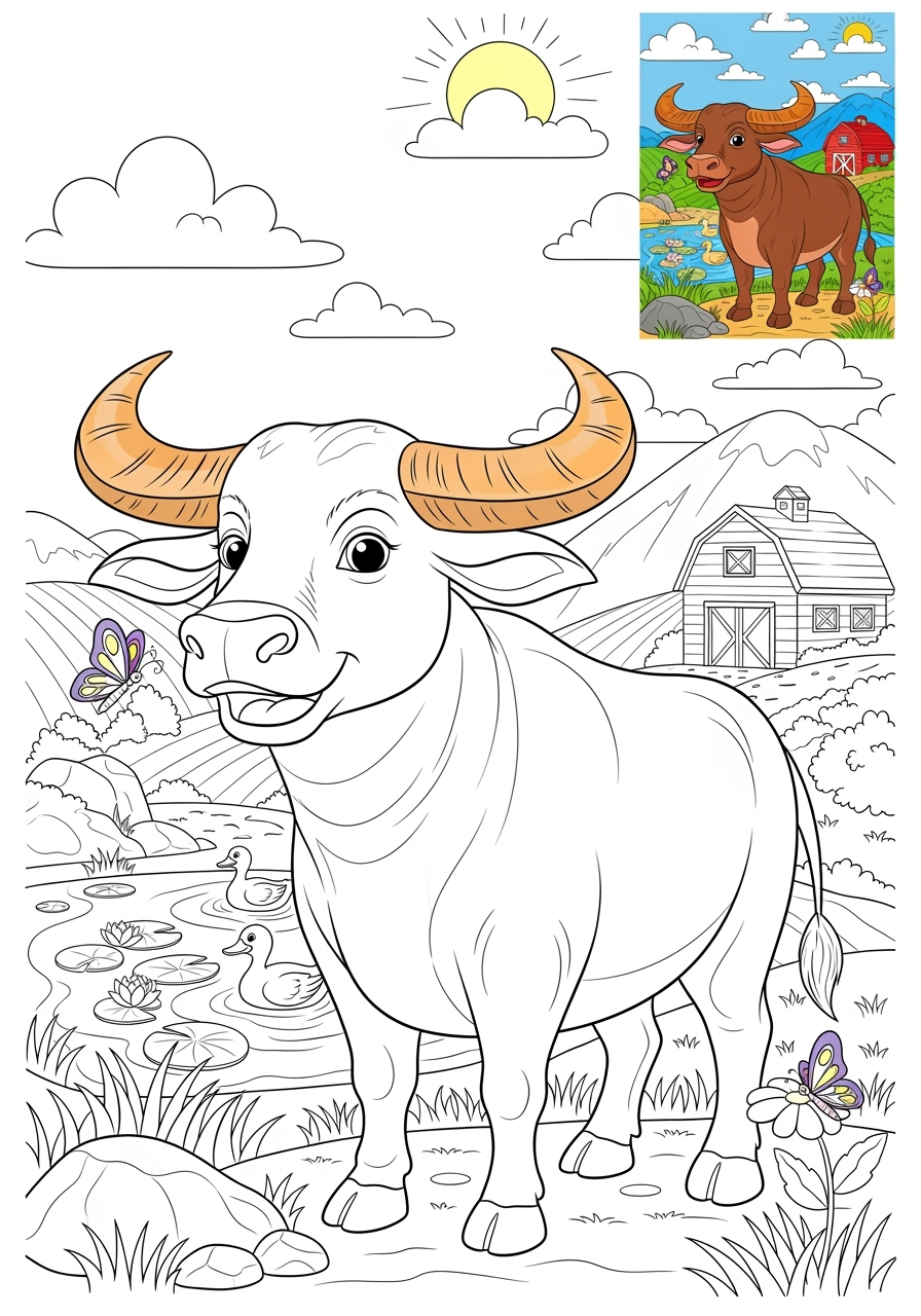 advanced animals Farmyard Friends water buffalo kids coloring page 0