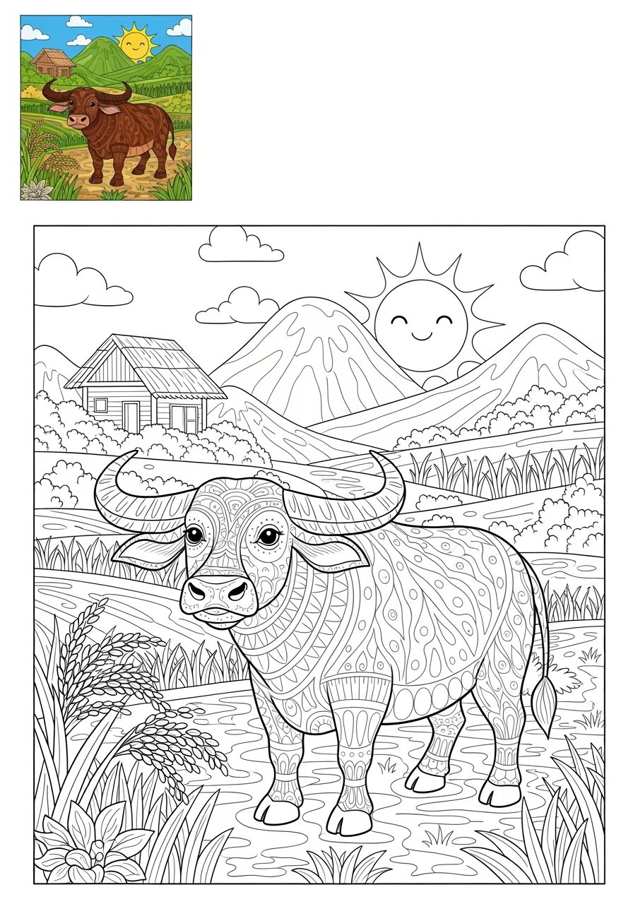 advanced animals Farmyard Friends water buffalo kids coloring page 1