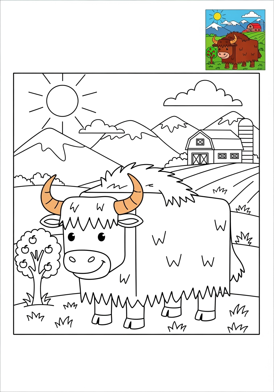 advanced animals Farmyard Friends yak kids coloring page 0