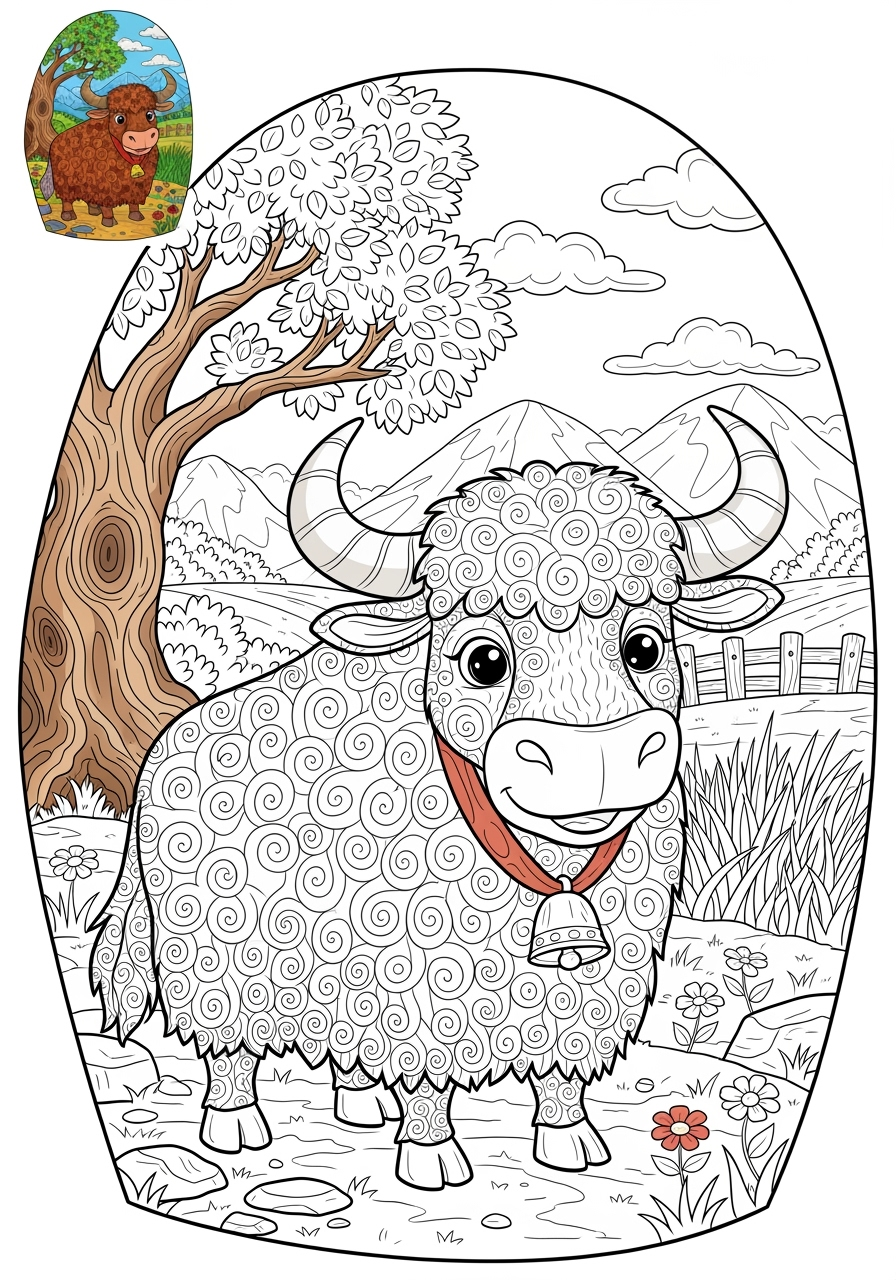 advanced animals Farmyard Friends yak kids coloring page 1