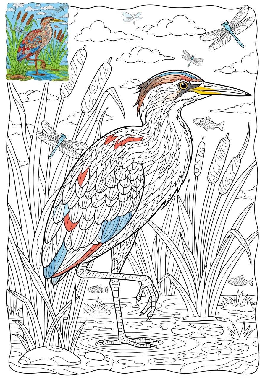 advanced animals River & Wetland bittern kids coloring page 1