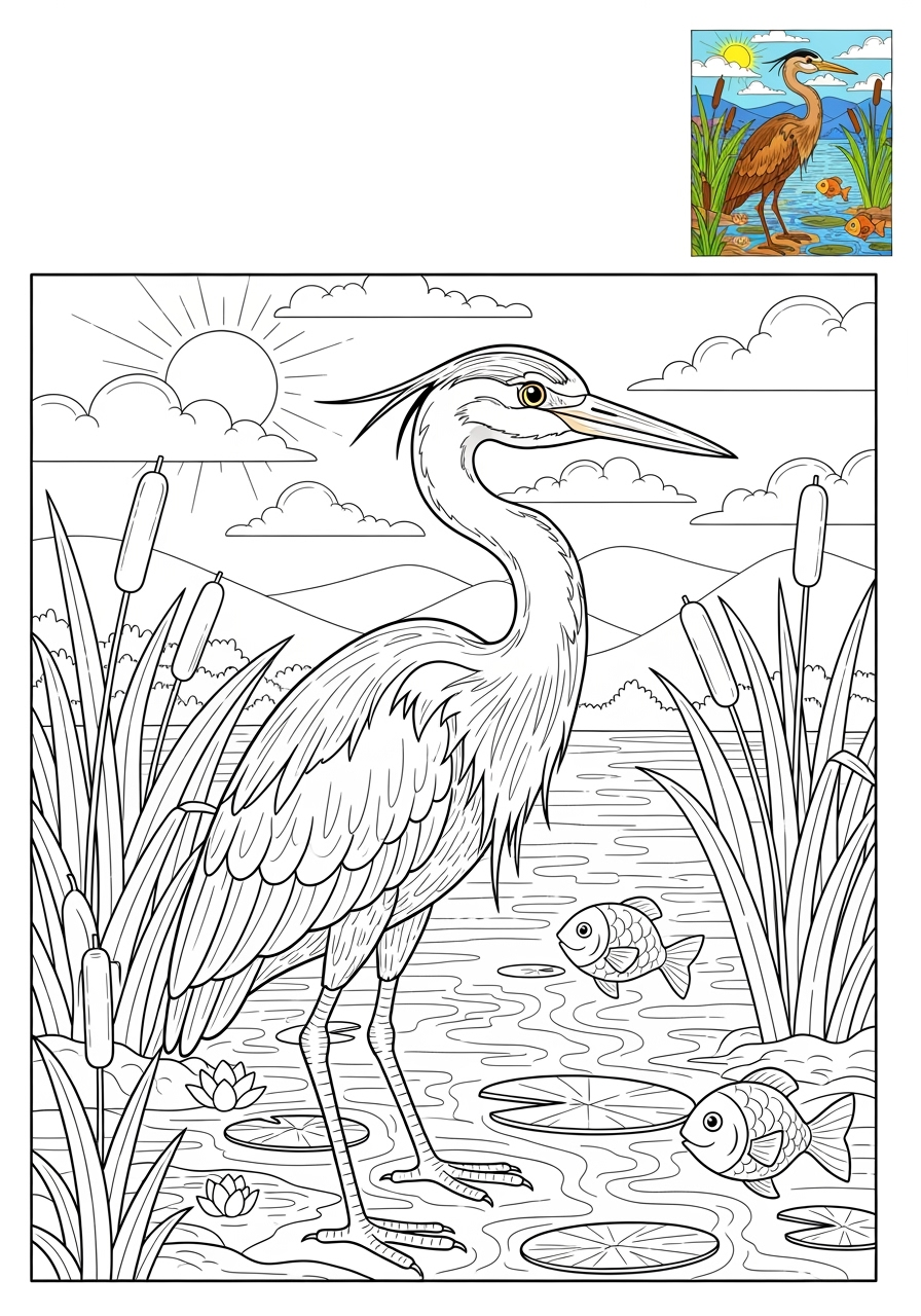 advanced animals River & Wetland heron kids coloring page 0