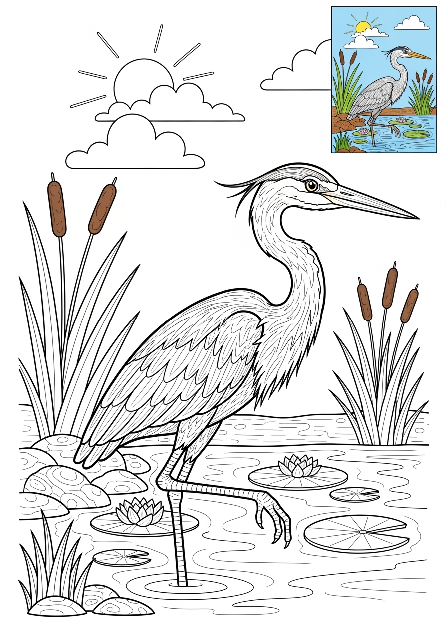 advanced animals River & Wetland heron kids coloring page 1