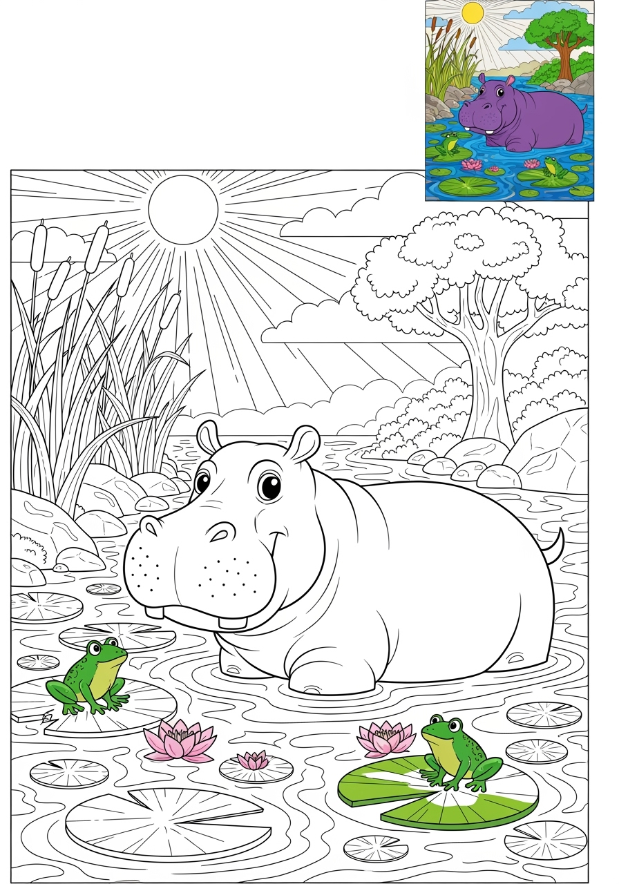 advanced animals River & Wetland hippopotamus kids coloring page 0