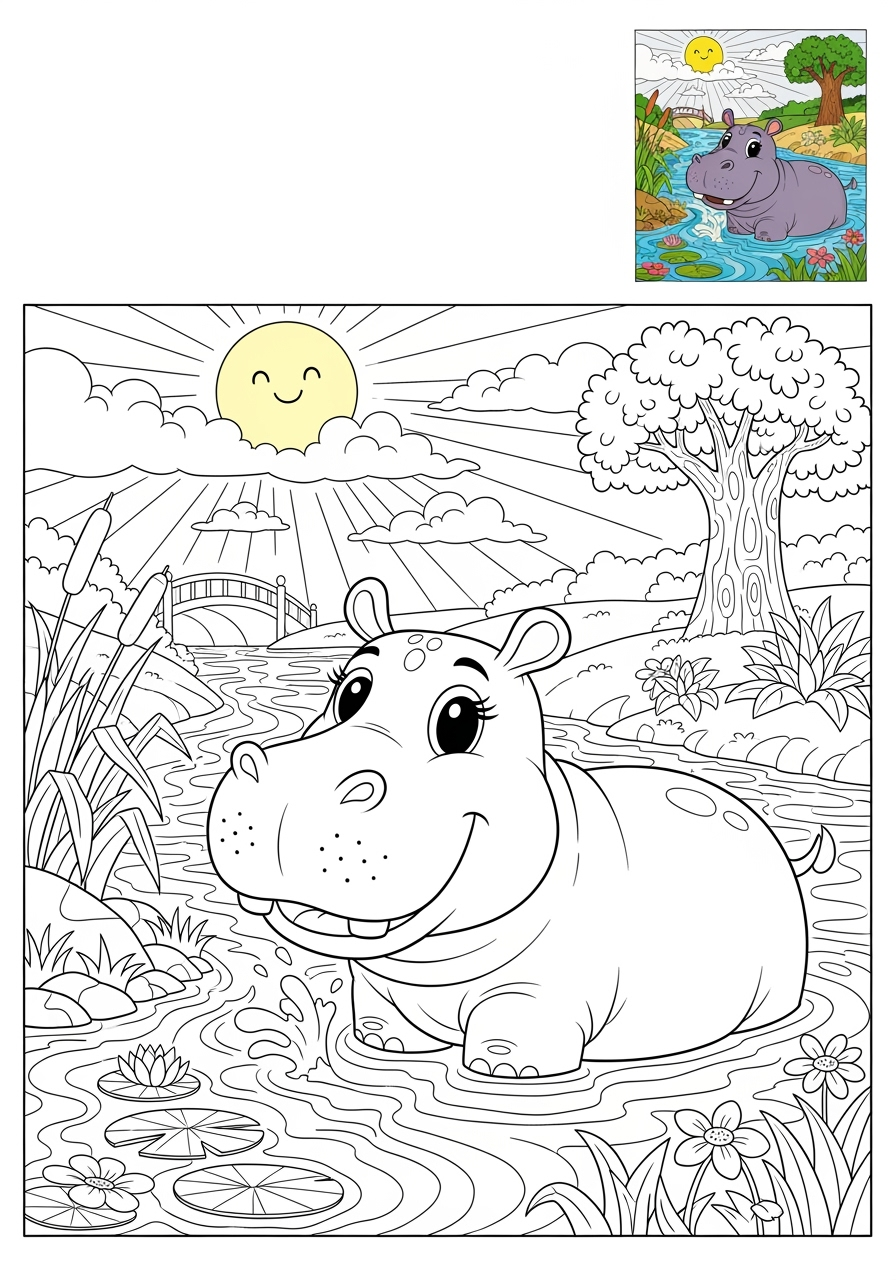 advanced animals River & Wetland hippopotamus kids coloring page 1