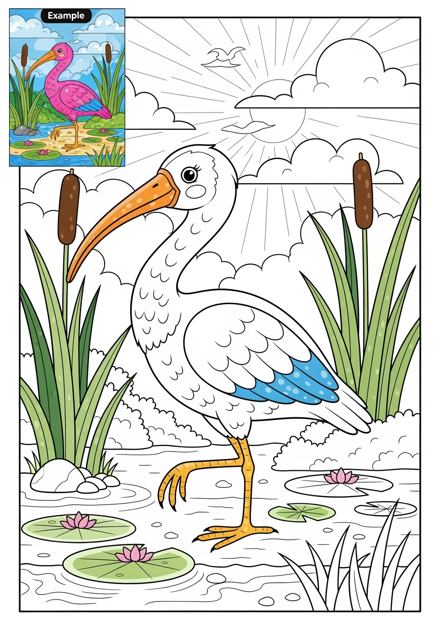 advanced animals River & Wetland ibis kids coloring page 1