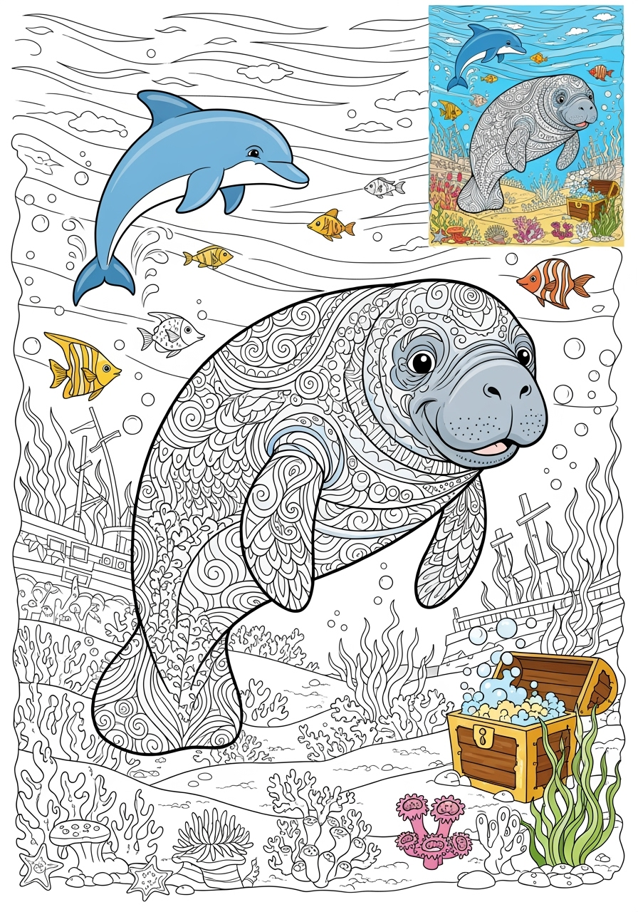 advanced animals River & Wetland manatee kids coloring page 0