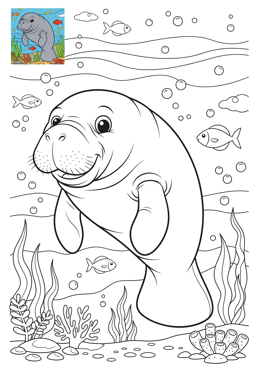 advanced animals River & Wetland manatee kids coloring page 1