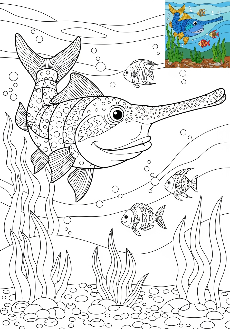 advanced animals River & Wetland paddlefish kids coloring page 0