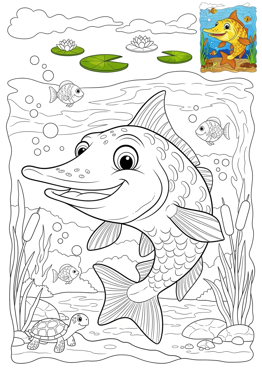 advanced animals River & Wetland paddlefish kids coloring page 1