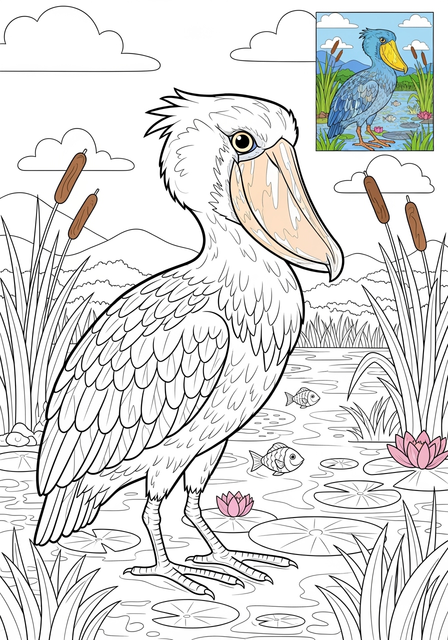 advanced animals River & Wetland shoebill kids coloring page 1