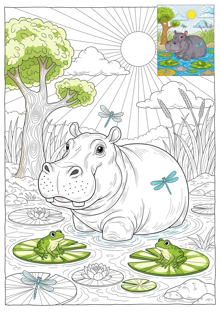 advanced animals Mammals (Forest/Farm) hippo kids coloring page 1