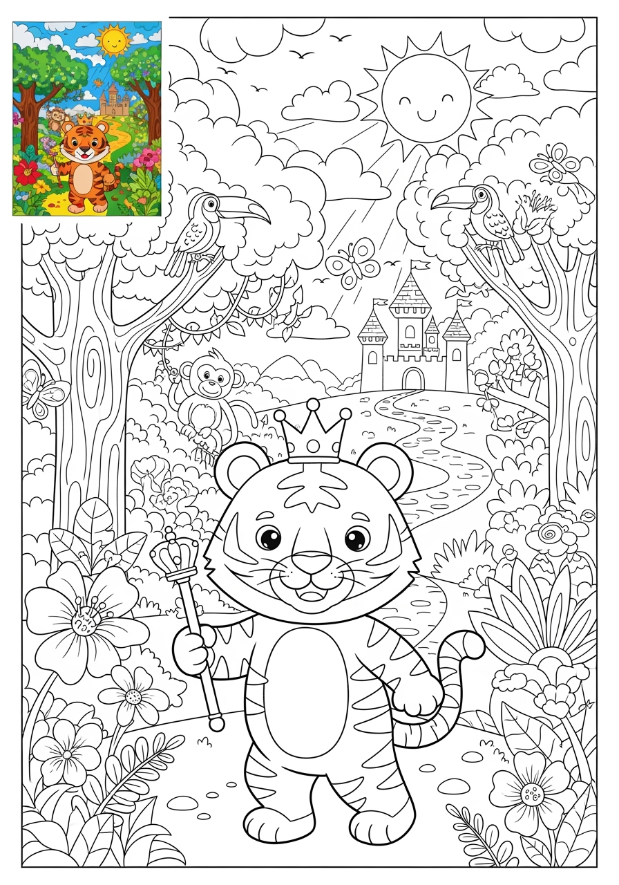 advanced animals Mammals (Forest/Farm) tiger kids coloring page 1
