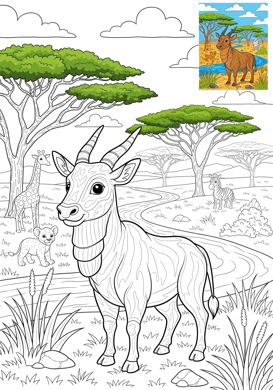 advanced animals Savanna & Grassland eland kids coloring page 1