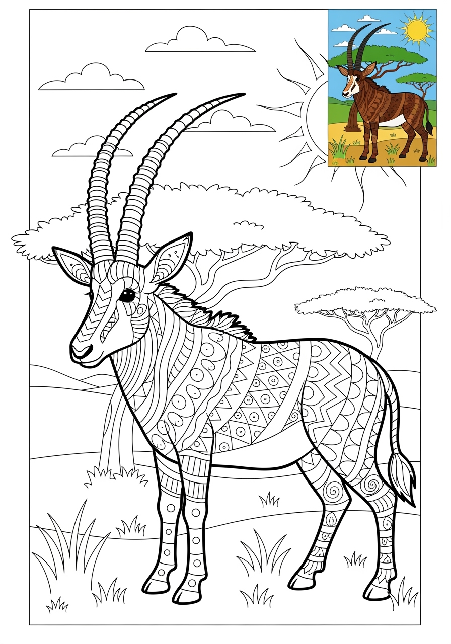 advanced animals Savanna & Grassland sable antelope kids coloring page 0