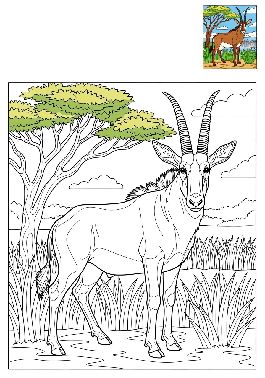 advanced animals Savanna & Grassland sable antelope kids coloring page 1