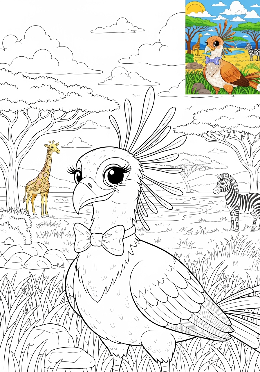 advanced animals Savanna & Grassland secretary bird kids coloring page 0