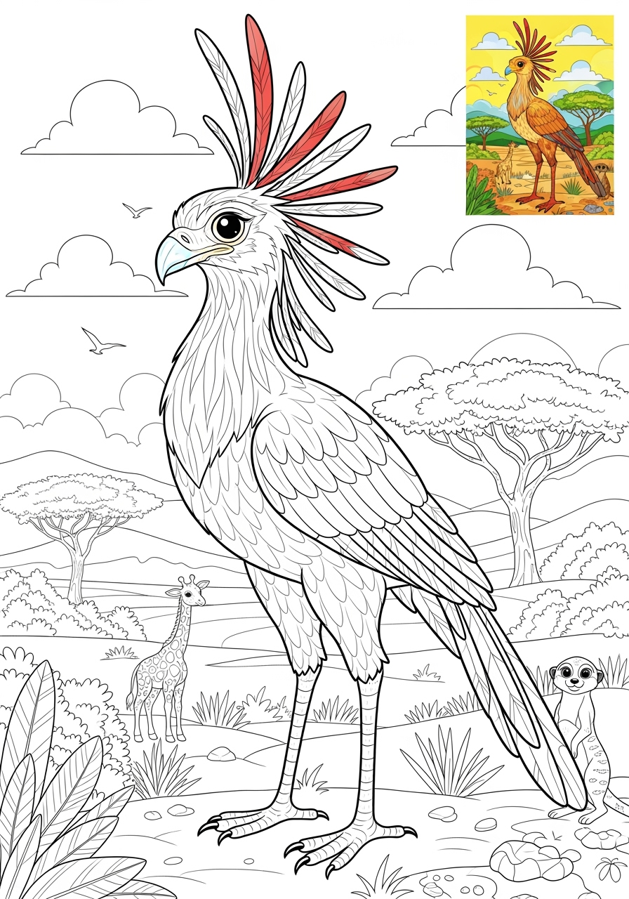 advanced animals Savanna & Grassland secretary bird kids coloring page 1