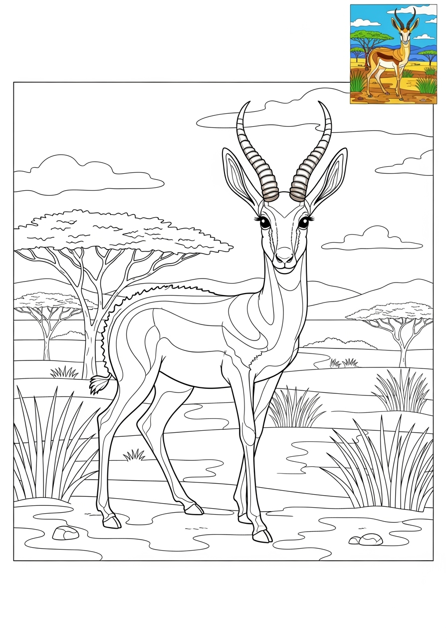 advanced animals Savanna & Grassland springbok kids coloring page 0